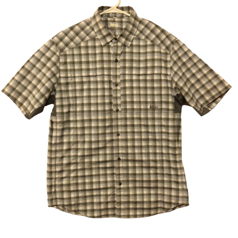 REI shirt mens L large blue checker plaid short sleeve vented fishing hiking out